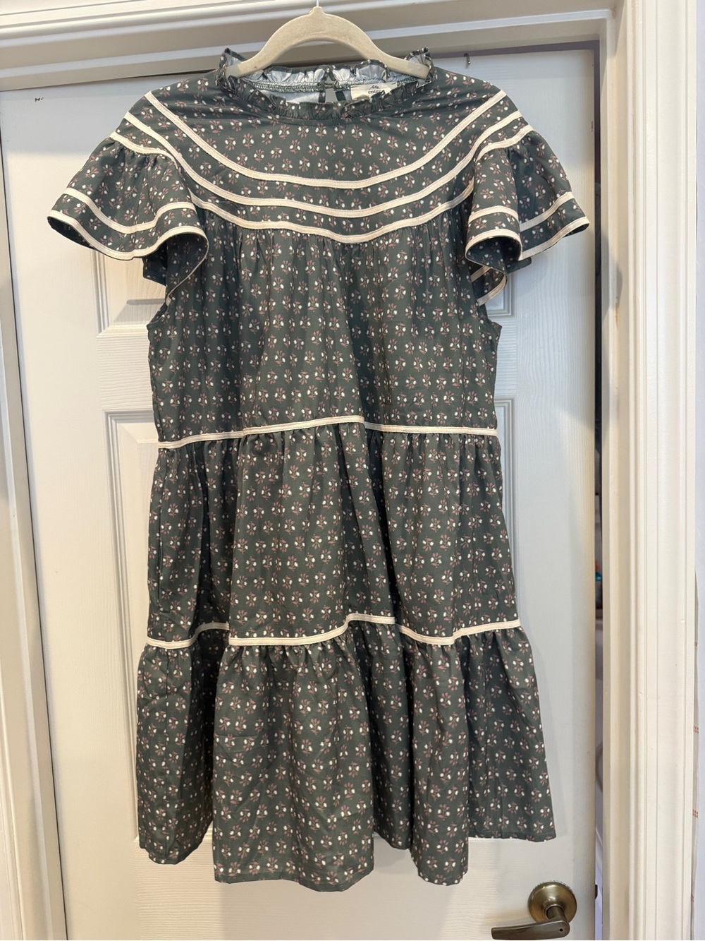 Floral Tiered Dress with White Trim - Slate Blue grey